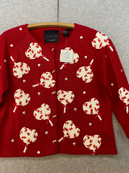 Michael Simon Sweaters - NEW! Vintage Michael Simon Cardigan M • Heart Lollipop Red • 2000 • Art To Wear